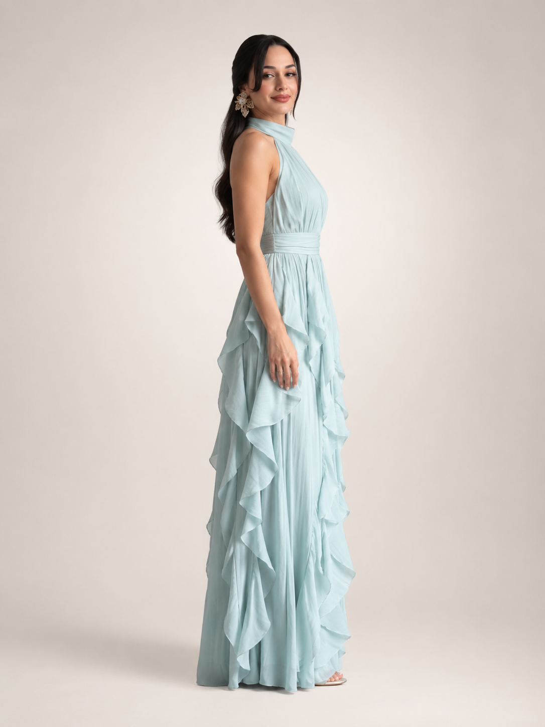 Séraphine — Robe longue à col licou et volants cascade