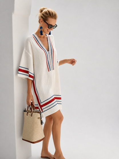 Ninon — Robe tunique à col V et galons colorés