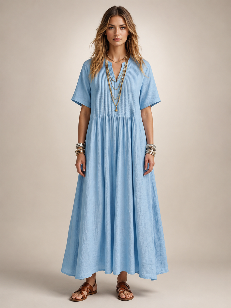 Améline — Robe longue plissée, coloris Bleu