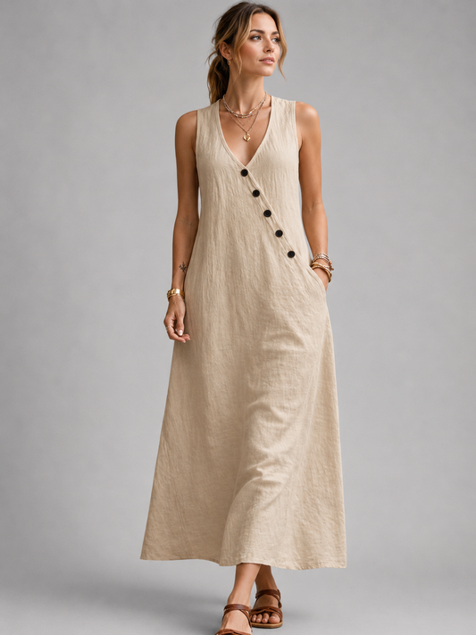 Bathilde — Robe longue sans manches à boutons, coloris Lin naturel