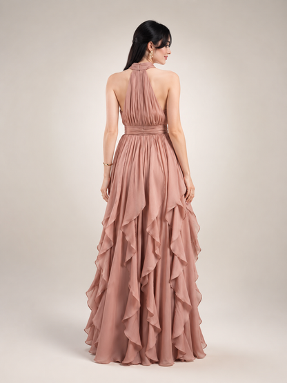 Séraphine — Robe longue à col licou et volants cascade