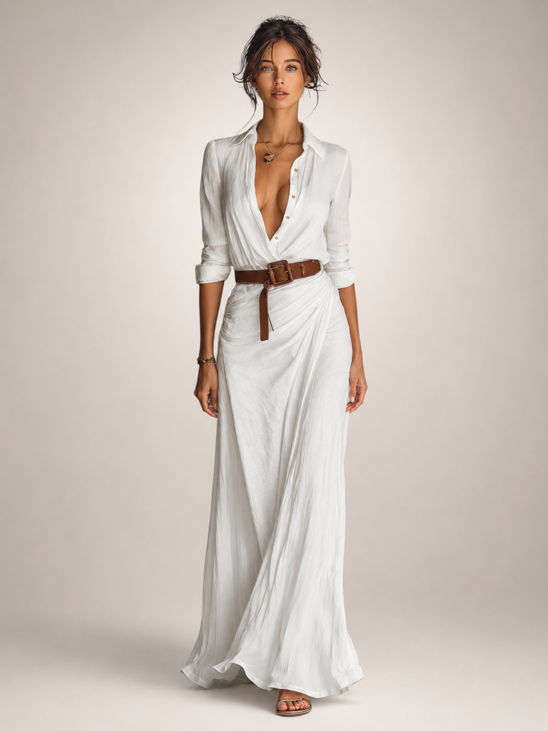 Judith — Robe longue chemise à col tailleur, coloris Blanc