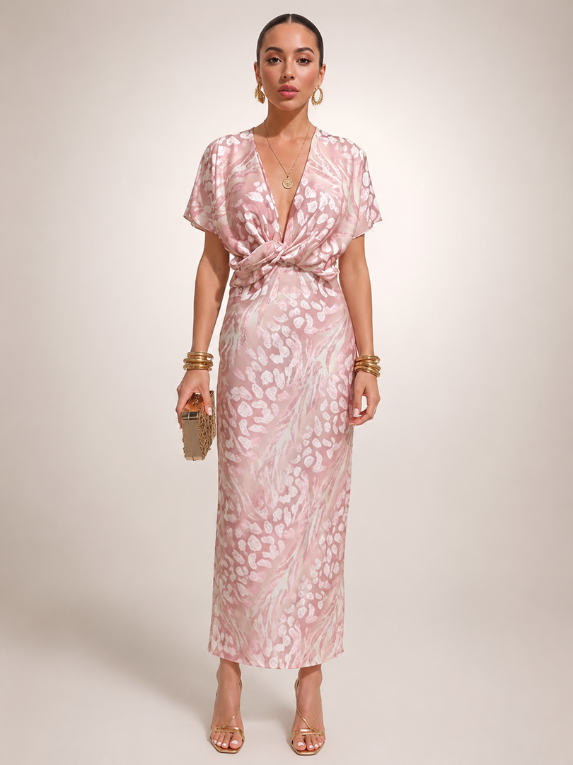 Calypso — Robe longue satinée à taille torsadée, coloris Rose poudré