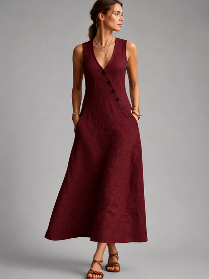 Bathilde — Robe longue sans manches à boutons, coloris Bordeaux