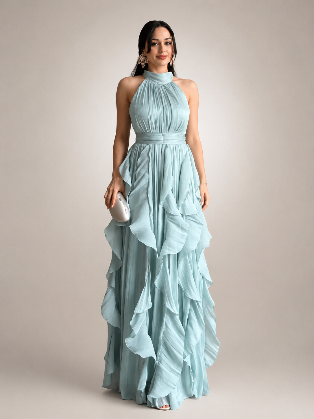 Séraphine — Robe longue à col licou et volants cascade, coloris Vert d'eau