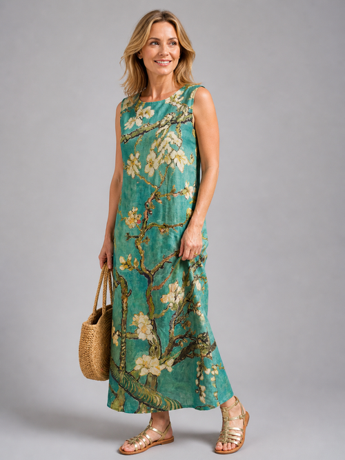 Zélie — Robe longue sans manches à branches fleuries, coloris Turquoise
