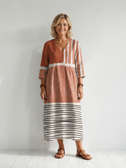Virginie — Robe midi à empiècements terracotta, coloris Terracotta rayé