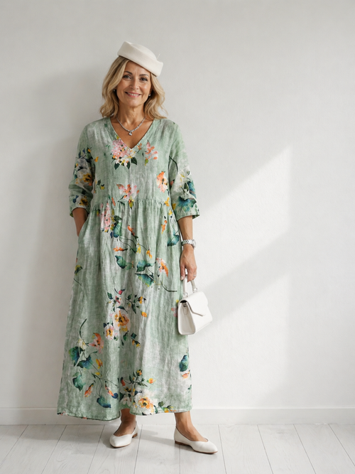 Nadine — Robe longue fleurie à taille froncée, coloris Vert sauge fleuri