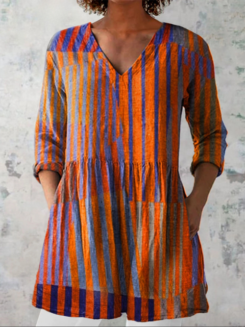 Nadia | Chemisier long col V à rayures orange et violet