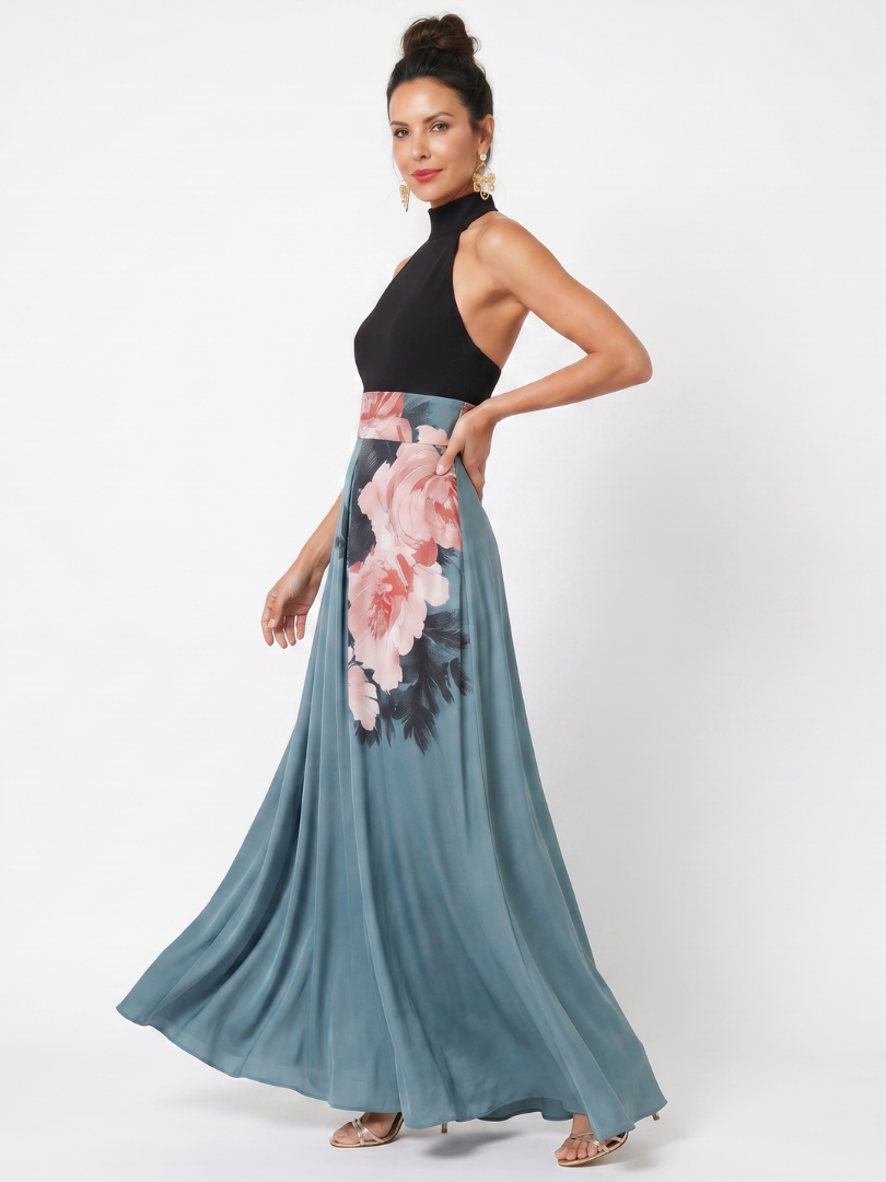 Zoraïde — Robe longue bicolore à fleurs peintes