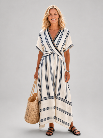 Anne — Robe longue portefeuille à rayures, coloris Rayé écru