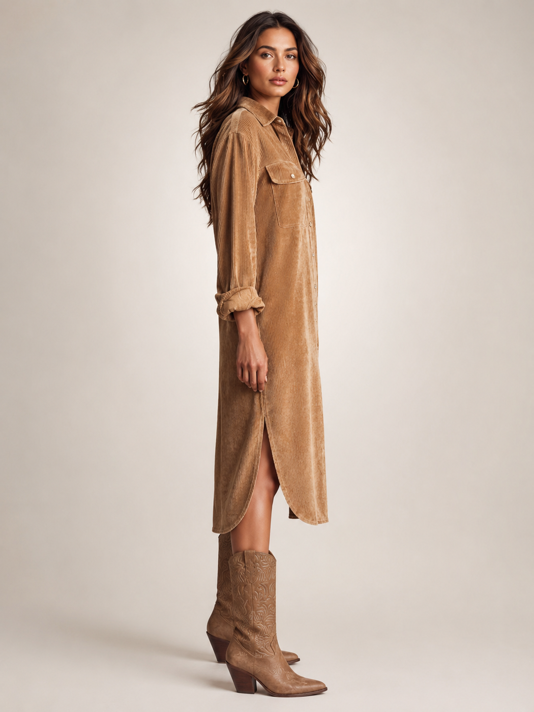 Colombe — Robe chemise midi en velours côtelé