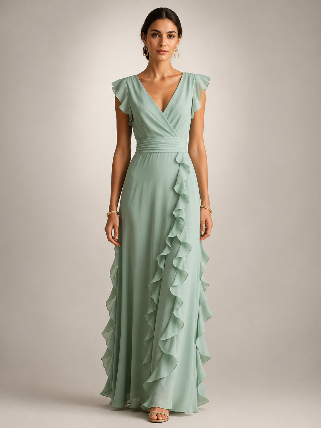 Ghislaine — Robe longue à volant cascade et col V, coloris Vert