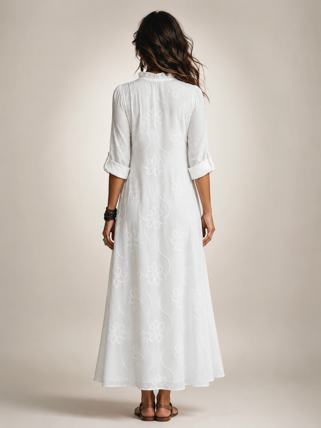 Maëlle — Robe longue chemise à fleurs brodées