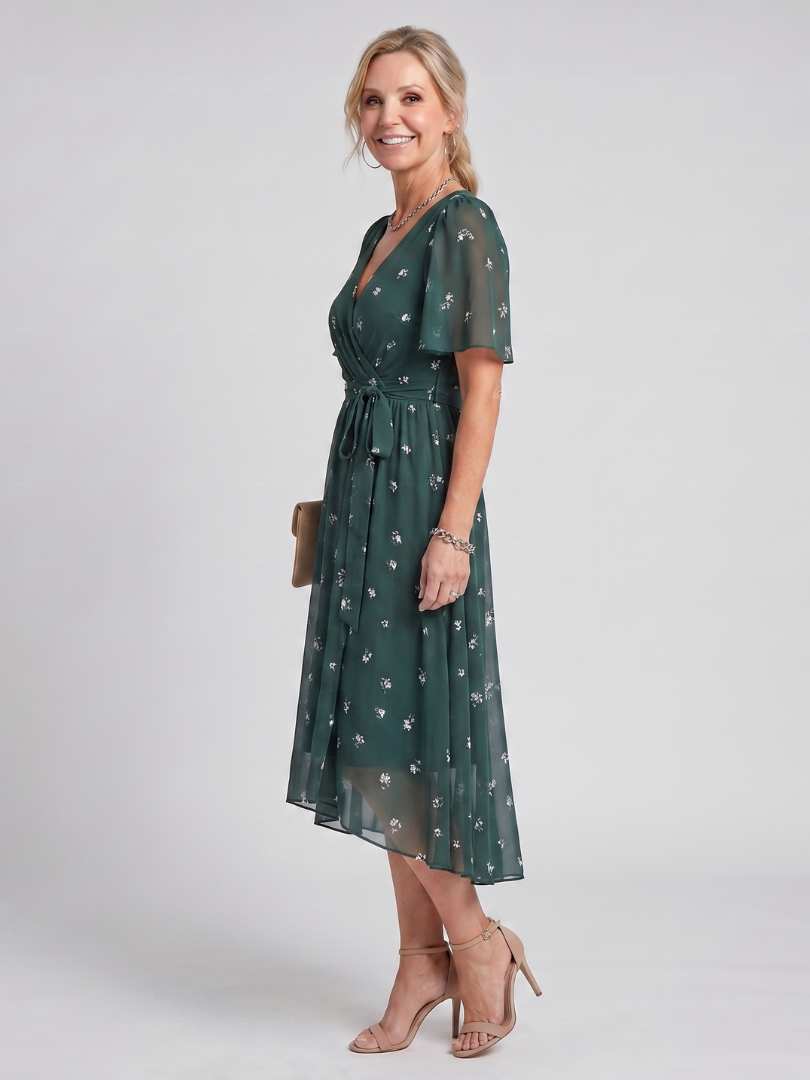 Flavie — Robe midi fleurie à manches papillon