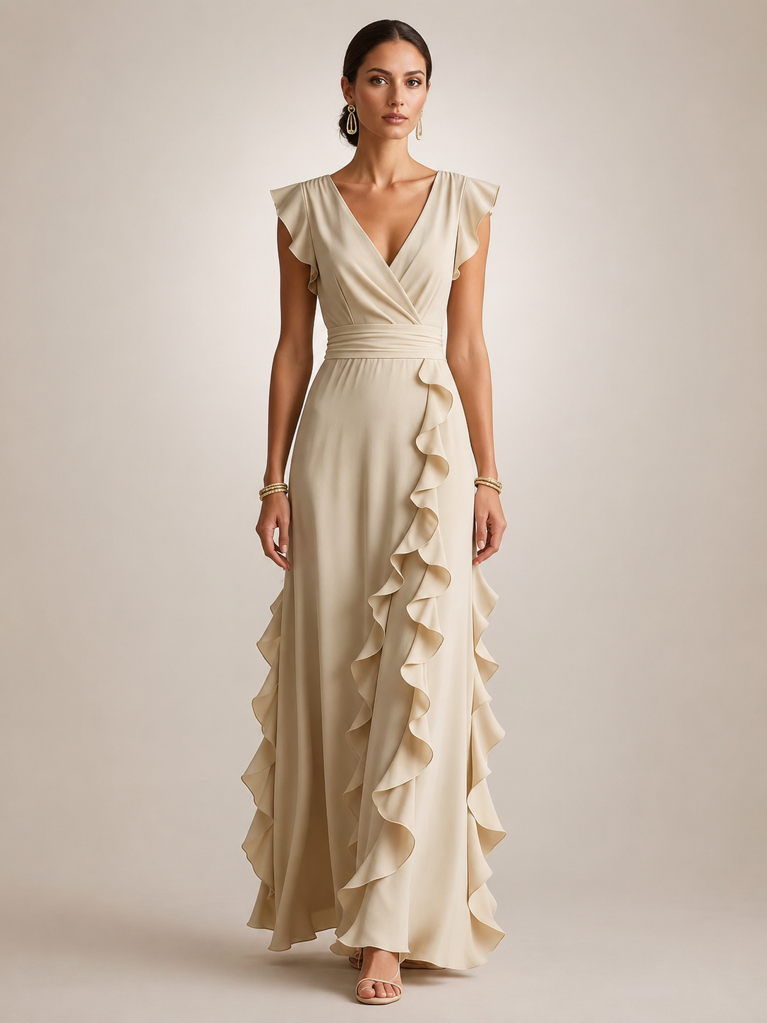 Ghislaine — Robe longue à volant cascade et col V, coloris Champagne