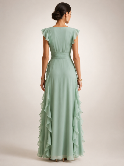 Ghislaine — Robe longue à volant cascade et col V