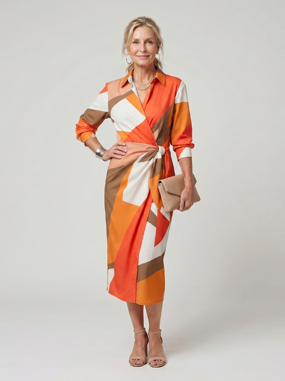 Nadège — Robe midi portefeuille à col chemise, coloris Orange et camel