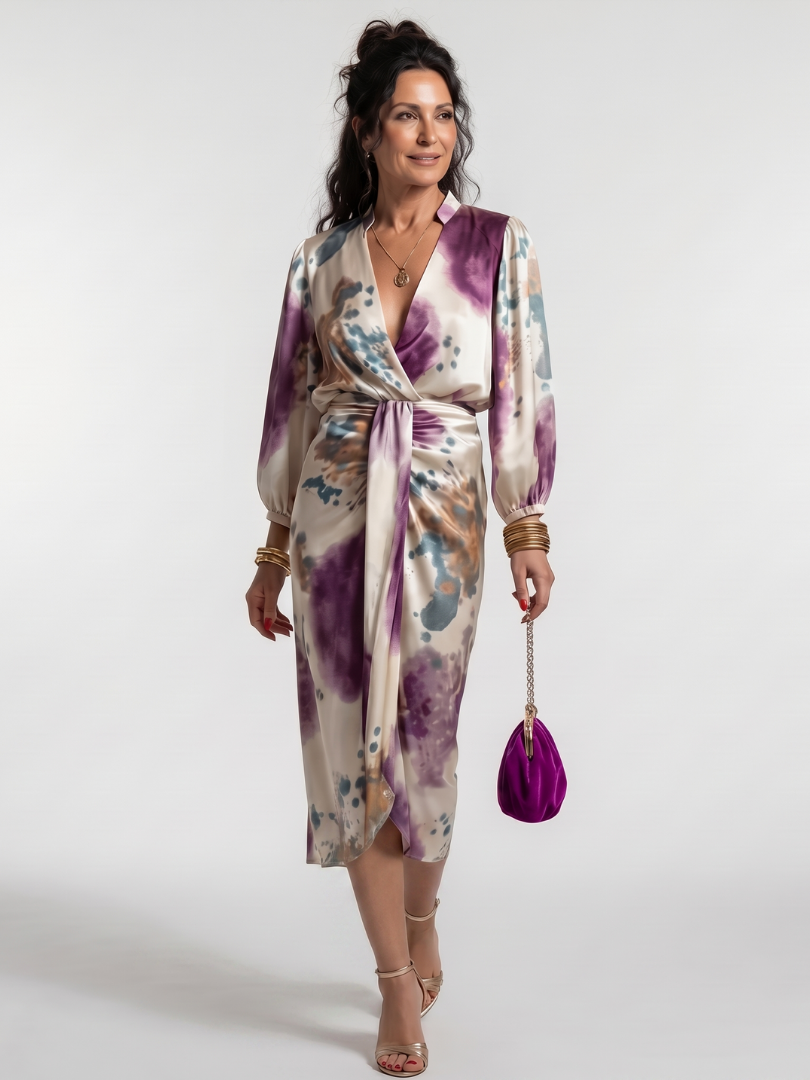 Mahaut — Robe midi portefeuille à manches longues, coloris Écru et prune