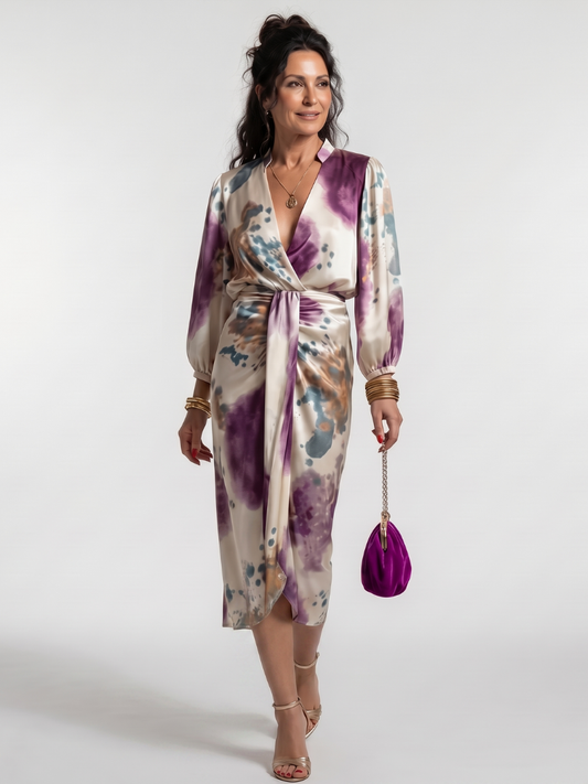 Mahaut — Robe midi portefeuille à manches longues, coloris Écru et prune