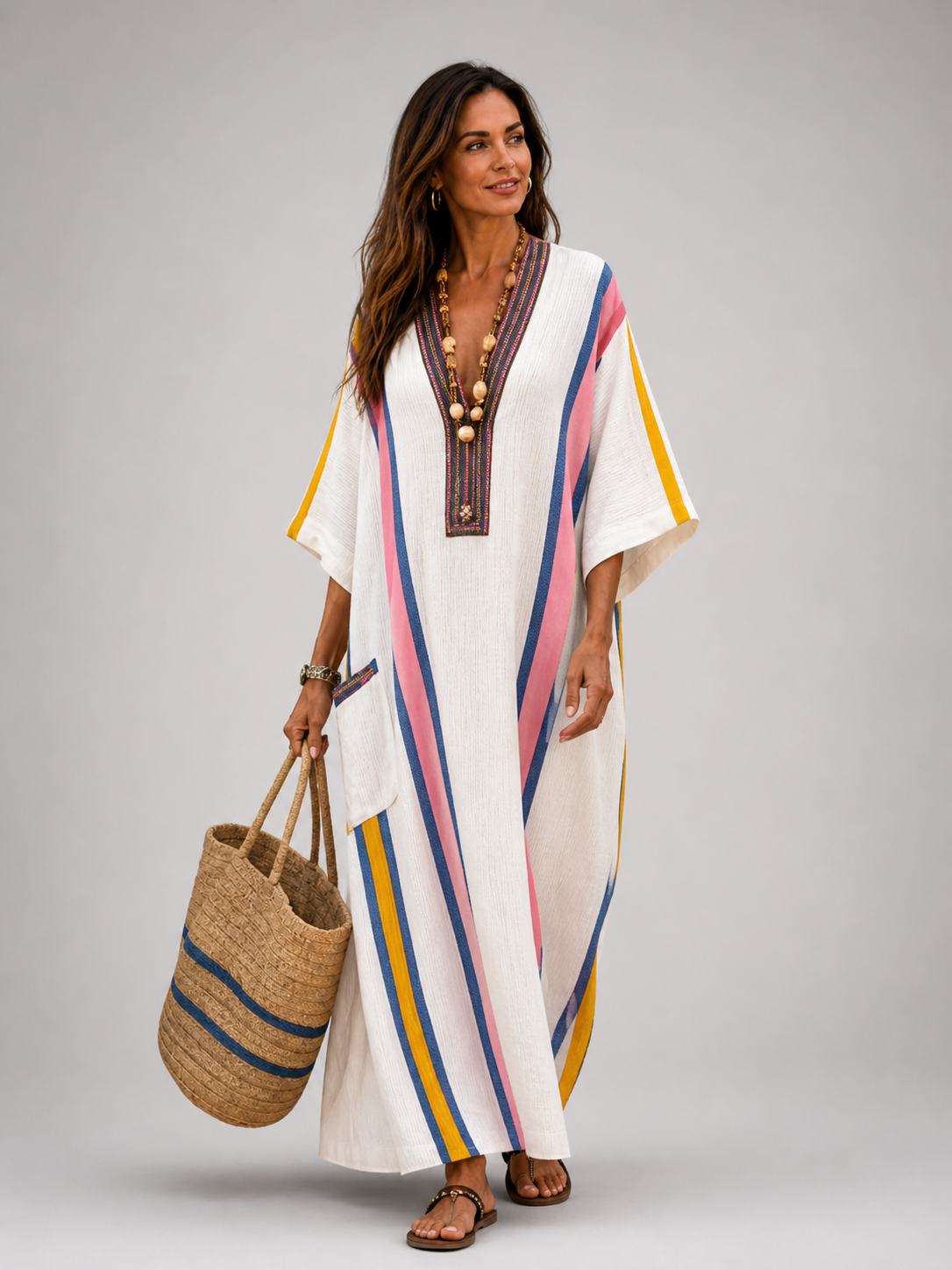 Armelle — Robe longue caftan à col V et poches, coloris Multicolore