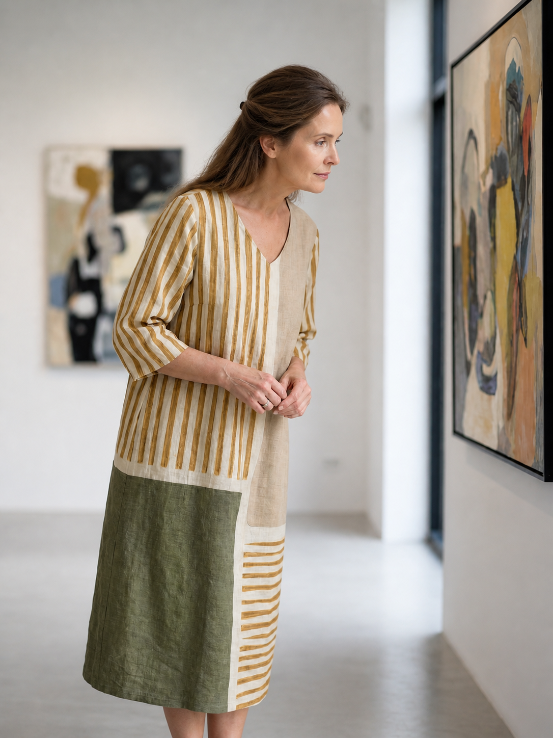 Christiane — Robe midi à rayures et empiècements