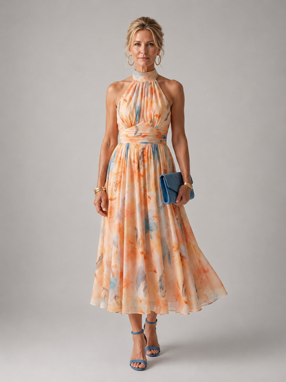 Madeline — Robe midi dos nu à taille froncée, coloris Abricot aquarelle