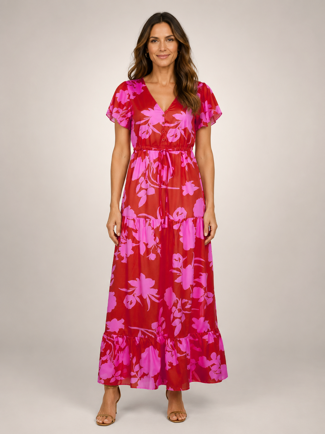 Dorothée — Robe longue à col V et volants, coloris Fuchsia sur rouge