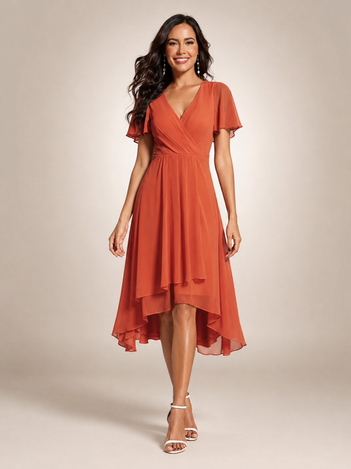 Roxane — Robe midi asymétrique à col V, coloris Terracotta