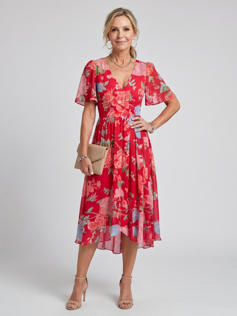 Flavie — Robe midi fleurie à manches papillon, coloris Rouge fleuri