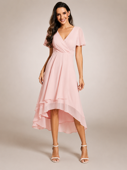 Roxane — Robe midi asymétrique à col V, coloris Rose poudré