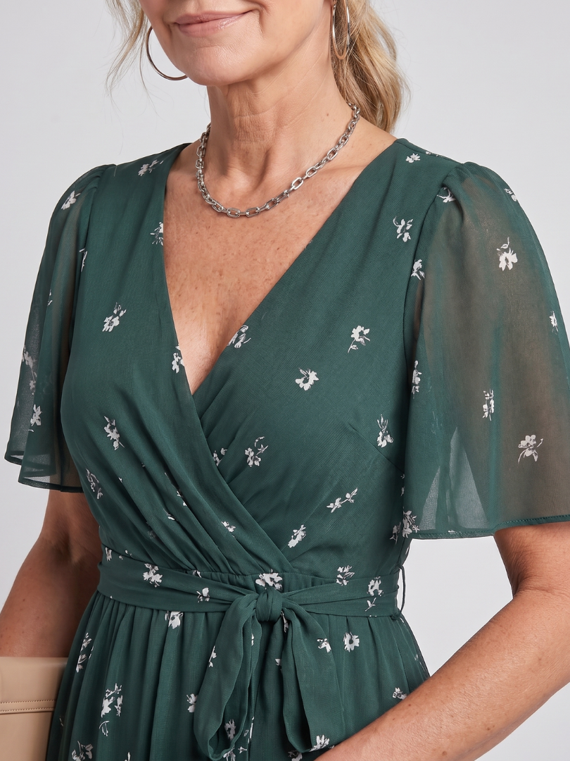 Flavie — Robe midi fleurie à manches papillon