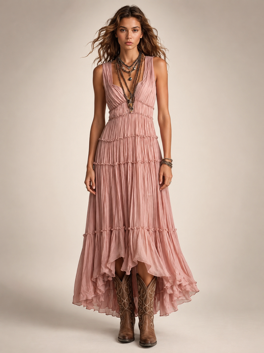 Garance — Robe longue bohème à volants étagés, coloris Rose poudré