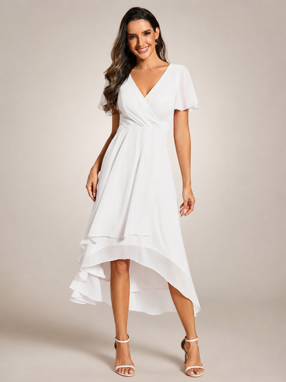 Roxane — Robe midi asymétrique à col V, coloris Blanc