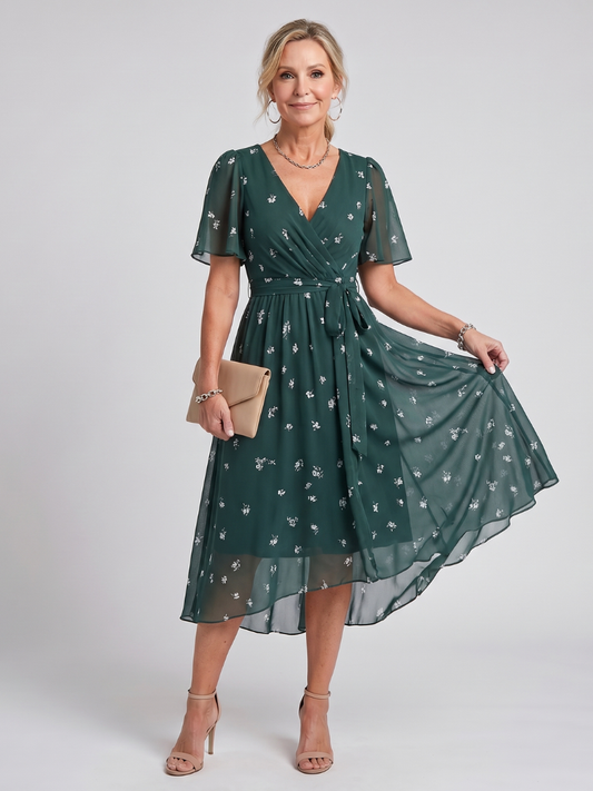 Flavie — Robe midi fleurie à manches papillon, coloris Vert foncé fleuri