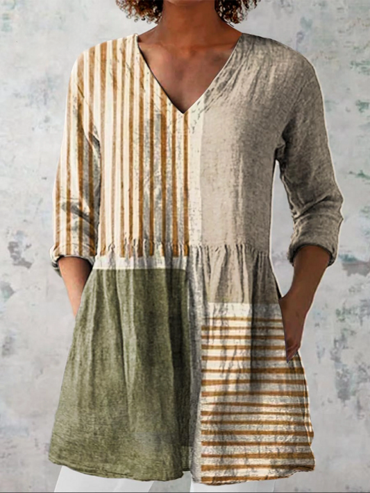 Cyprienne | Chemisier long col V patchwork rayé beige et kaki