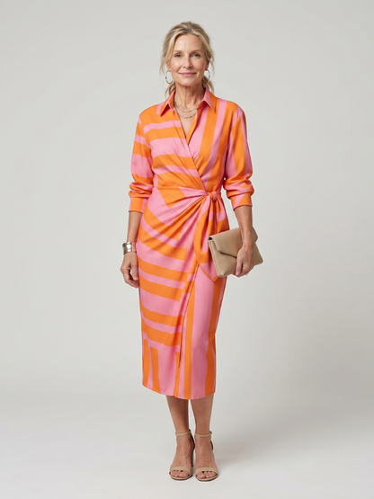 Nadège — Robe midi portefeuille à col chemise, coloris Rose et orange rayé