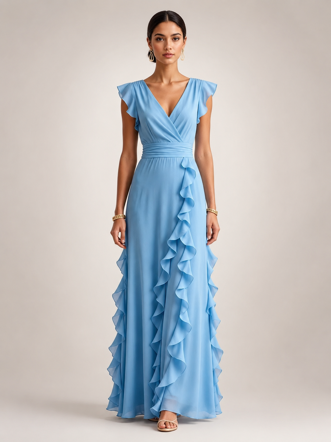 Ghislaine — Robe longue à volant cascade et col V, coloris Bleu ciel
