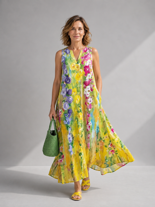 Flore — Robe longue fleurie sans manches, coloris Jaune fleuri