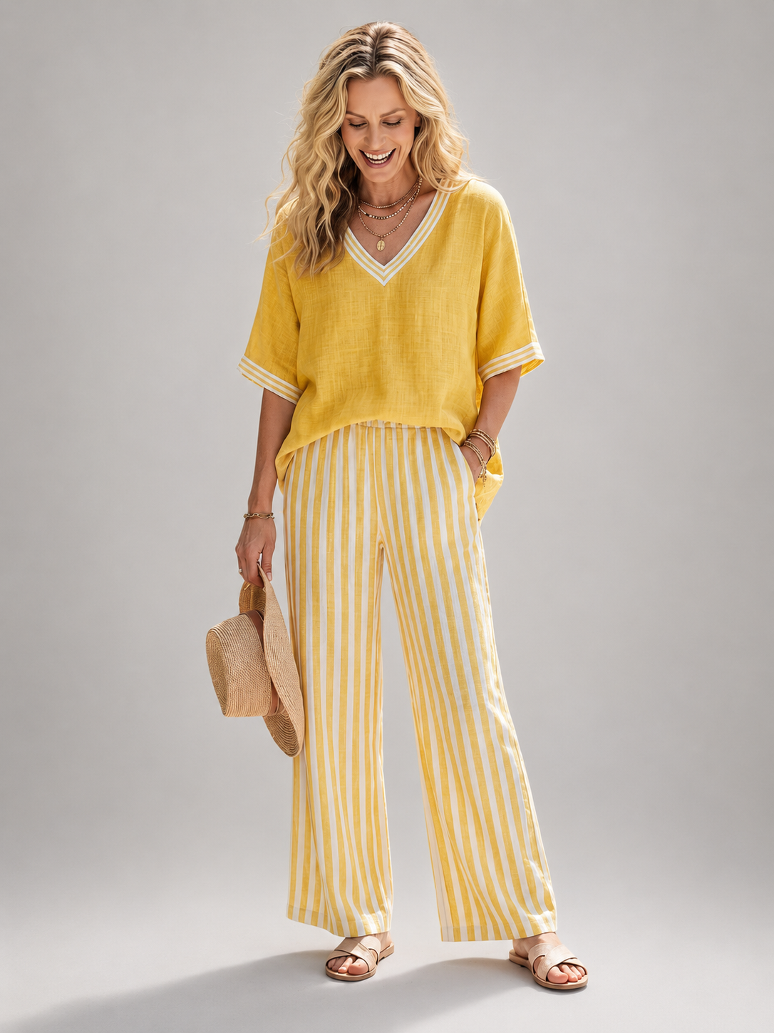 Femme portant un ensemble deux pièces avec tunique col V et pantalon large à rayures, coloris jaune