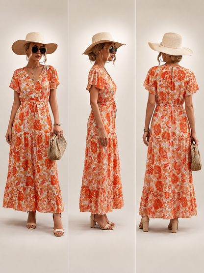Dorothée — Robe longue à col V et volants