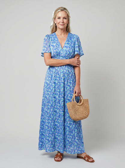 Elsa — Robe longue à petites fleurs, coloris Bleu