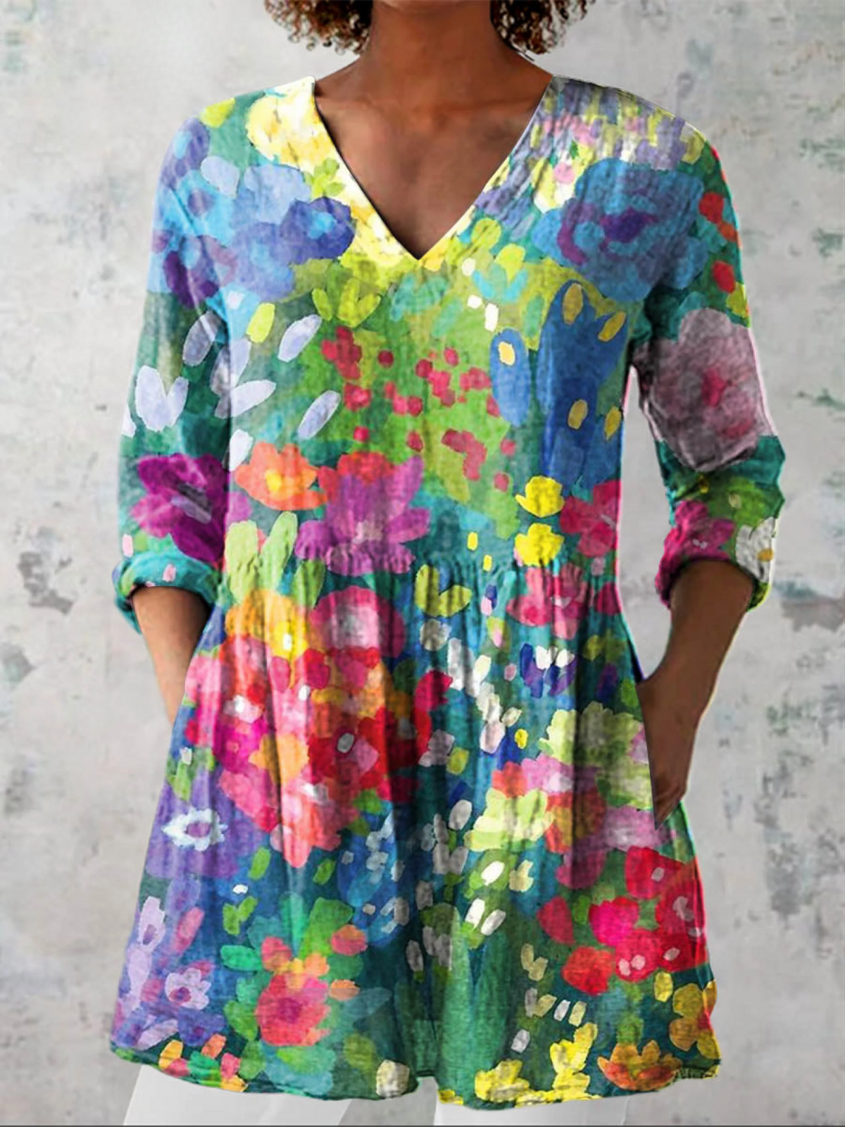 Maëline | Chemisier long col V à fleurs aquarelle multicolores
