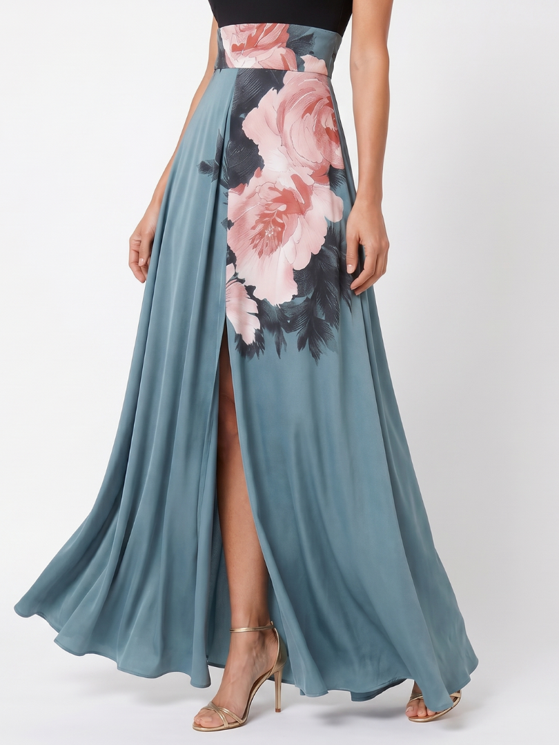 Zoraïde — Robe longue bicolore à fleurs peintes