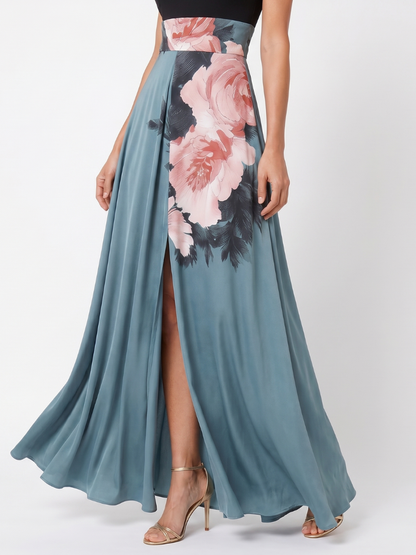 Zoraïde — Robe longue bicolore à fleurs peintes
