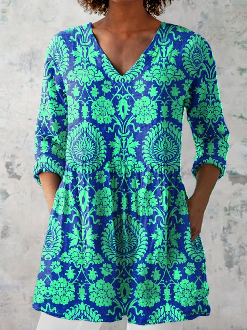Ismérie | Chemisier long col V à damas bleu et vert