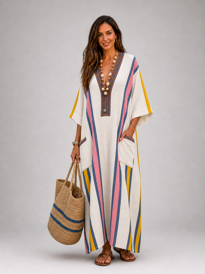 Armelle — Robe longue caftan à col V et poches