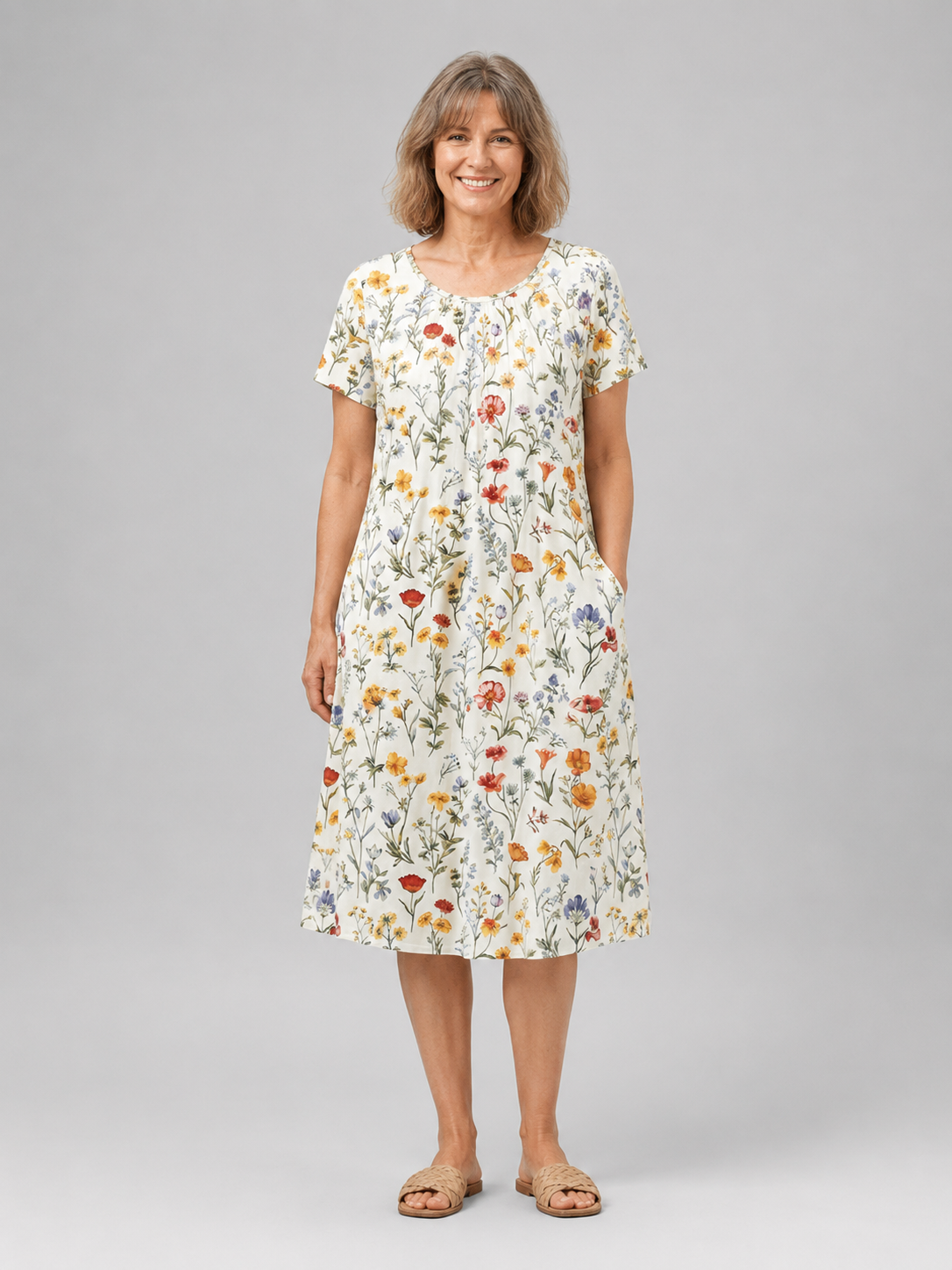 Mirabelle — Robe midi fleurie à poches, coloris Écru fleuri