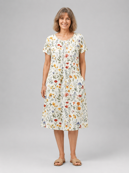 Mirabelle — Robe midi fleurie à poches, coloris Écru fleuri