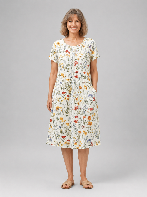 Mirabelle — Robe midi fleurie à poches, coloris Écru fleuri